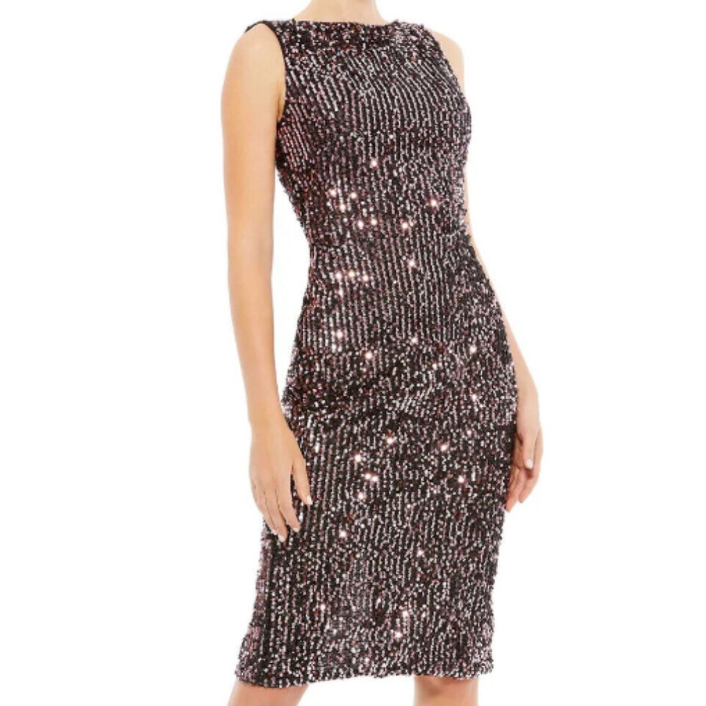 Mac Duggal 26438 Cowl Back Boat Neck Sequined Black Rose Midi Dress Sz 4